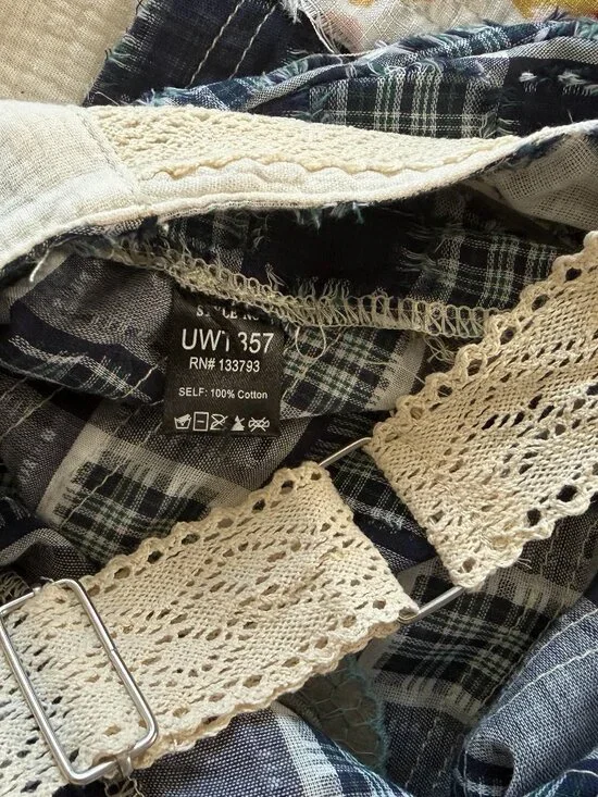 POL Overalls Style 70s Cotton Denim Boho Farm Girl Patchwork Lace Fringe Dress - Picture 8 of 10